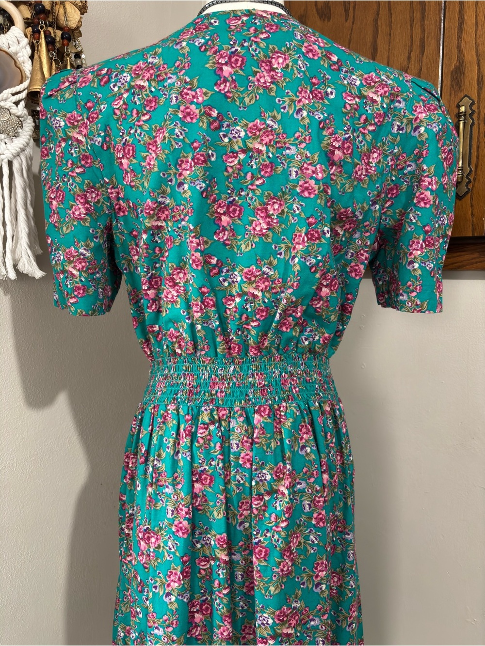 Miss Dorby Vintage Green and Pink Dress with Lace Yolk Collar Size 12P 80s Retro - Picture 6 of 10